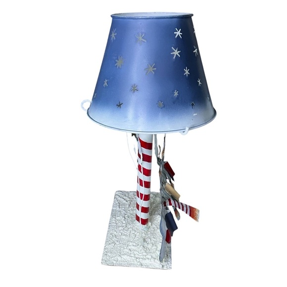 Vintage Tea Light Lamp Snowmen Caroling Pierced Metal Blue Shade Large 12 Inch - Picture 9 of 16